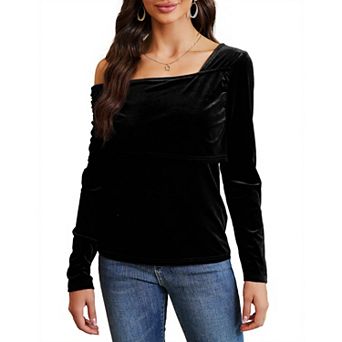 Women Off Shoulder Shirts Long Sleeve Cross Wrap Tee Shirt Blouse Velvet Fitted Top Shirts