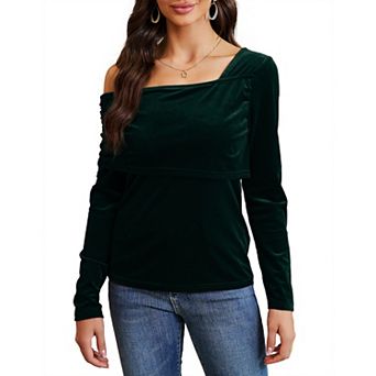 Women Off Shoulder Shirts Long Sleeve Cross Wrap Tee Shirt Blouse Velvet Fitted Top Shirts