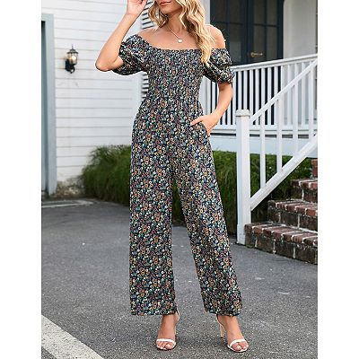 Women's Smocked Jumpsuits Casual Square Neck Short Sleeve High
