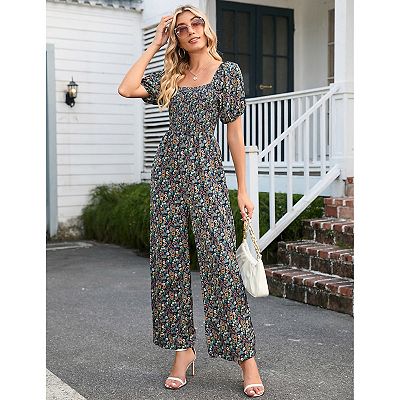 Women's Smocked Jumpsuits Casual Square Neck Short Sleeve High