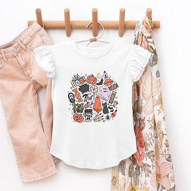 Halloween Doodle Collage Toddler Flutter Sleeve Graphic Tee