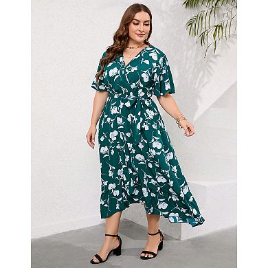 Women's Plus Size Floral Printed Dress Casual Wrap V Neck A Line Ruffle Belted Dresses