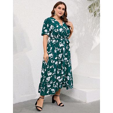 Women's Plus Size Floral Printed Dress Casual Wrap V Neck A Line Ruffle Belted Dresses