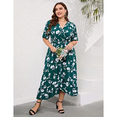 Women's Plus Size Floral Printed Dress Casual Wrap V Neck A Line Ruffle Belted Dresses