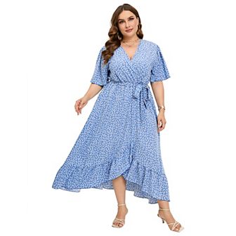 Women's Plus Size Floral Printed Dress Casual Wrap V Neck A Line Ruffle Belted Dresses