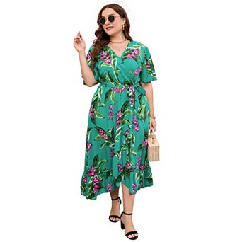 Women's Plus Size Floral Printed Dress Casual Wrap V Neck A Line Ruffle Belted Dresses