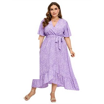 Women's Plus Size Floral Printed Dress Casual Wrap V Neck A Line Ruffle Belted Dresses