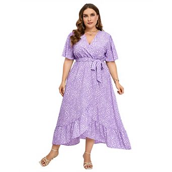 Women's Plus Size Floral Printed Dress Casual Wrap V Neck A Line Ruffle Belted Dresses