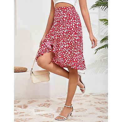 Women High Waist Printed Skirt Knee Length Ruffle Skort Tiered Flowy Midi Skirts