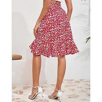 Women High Waist Printed Skirt Knee Length Ruffle Skort Tiered Flowy Midi Skirts