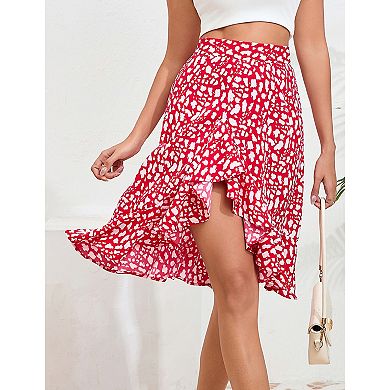 Women High Waist Printed Skirt Knee Length Ruffle Skort Tiered Flowy Midi Skirts