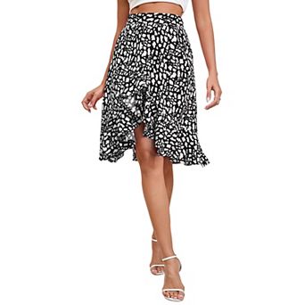 Women High Waist Printed Skirt Knee Length Ruffle Skort Tiered Flowy Midi Skirts
