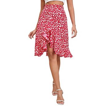 Women High Waist Printed Skirt Knee Length Ruffle Skort Tiered Flowy Midi Skirts