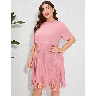 Women's Plus Size Fringe Trim Half Sleeve Round Neck Tee Top Long Tassel T Shirt