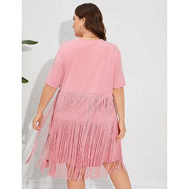Women's Plus Size Fringe Trim Half Sleeve Round Neck Tee Top Long Tassel T Shirt