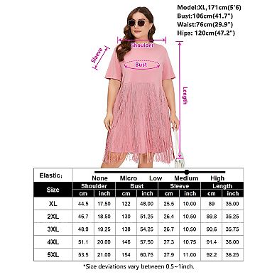 Women's Plus Size Fringe Trim Half Sleeve Round Neck Tee Top Long Tassel T Shirt