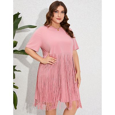 Women's Plus Size Fringe Trim Half Sleeve Round Neck Tee Top Long Tassel T  Shirt