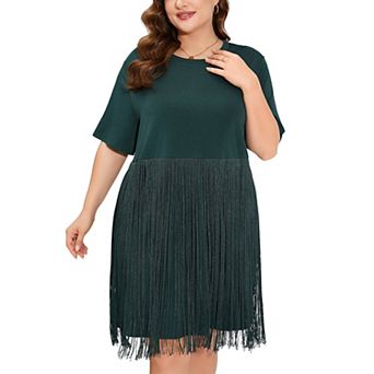 Women's Plus Size Fringe Trim Half Sleeve Round Neck Tee Top Long Tassel T Shirt