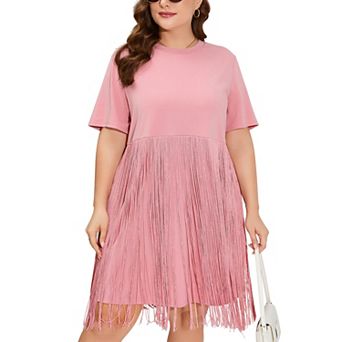 Women's Plus Size Fringe Trim Half Sleeve Round Neck Tee Top Long Tassel T Shirt