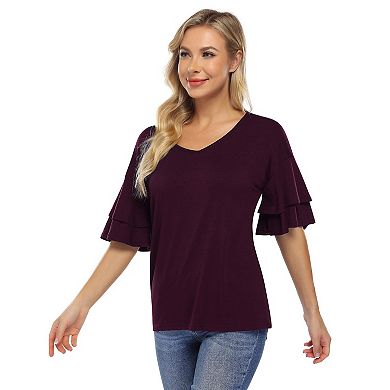 Women's Ruffle Tunic Top Casual V Neck Shirt Bell Half Sleeve Pullover Blouse Top
