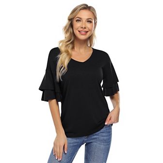 Women's Ruffle Tunic Top Casual V Neck Shirt Bell Half Sleeve Pullover Blouse Top