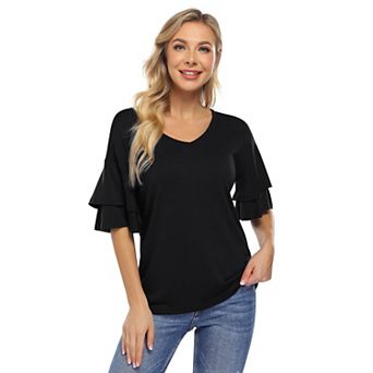 Women's Ruffle Tunic Top Casual V Neck Shirt Bell Half Sleeve Pullover Blouse Top