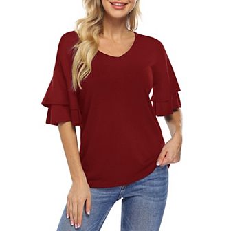 Women's Ruffle Tunic Top Casual V Neck Shirt Bell Half Sleeve Pullover Blouse Top