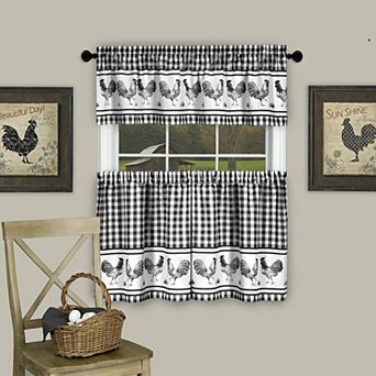Kate Aurora Country Farmhouse Barnyard Plaid Rooster Kitchen Curtain Tier and Valance Set