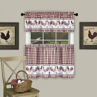 Kate Aurora Country Farmhouse Barnyard Plaid Rooster Kitchen Curtain Tier and Valance Set