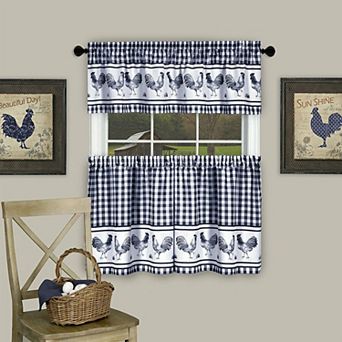 Kate Aurora Country Farmhouse Barnyard Plaid Rooster Kitchen Curtain Tier and Valance Set
