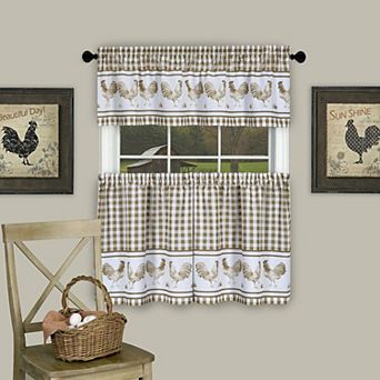 Kate Aurora Country Farmhouse Barnyard Plaid Rooster Kitchen Curtain Tier and Valance Set