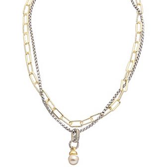 Juvell Two-Tone 18k Gold Plated Cubic Zirconia & Freshwater Cultured Pearl Double Strand Pendant Necklace