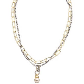 Juvell Two-Tone 18k Gold Plated Cubic Zirconia & Freshwater Cultured Pearl Double Strand Pendant Necklace
