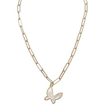 Juvell 18k Gold Plated Freshwater Cultured Pearl Paperclip Chain Butterfly Pendant Necklace