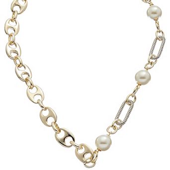 Juvell Two-Tone 18k Gold Plated Freshwater Cultured Pearl Link Station Necklace