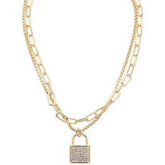 Juvell 18k Gold Plated Cubic Zirconia Paperclip Chain Padlock Double-Strand Pendant Necklace