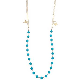 Juvell 18k Gold Plated Blue Bead Key & Padlock Charm Necklace