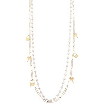 Juvell 18k Gold Plated Freshwater Cultured Pearl Padlock & Key Charm Double Strand Necklace