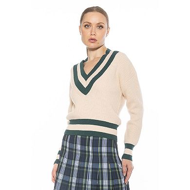 Women's ALEXIA ADMOR Leona Long Sleeve V-Neck Varsity Polo Sweater