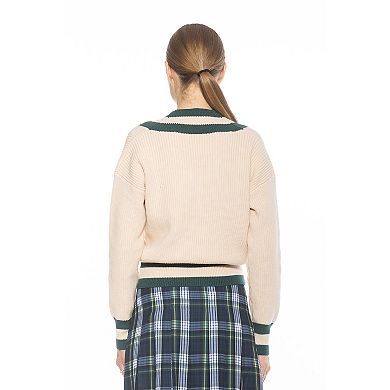 Women's ALEXIA ADMOR Leona Long Sleeve V-Neck Varsity Polo Sweater