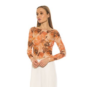 Women's ALEXIA ADMOR Opal Boatneck Sheer Mesh Long Sleeve Top