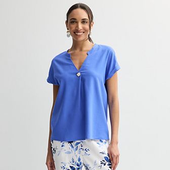Women's Ellen Tracy Linen Faux Pearl Button Drop Sleeve Top