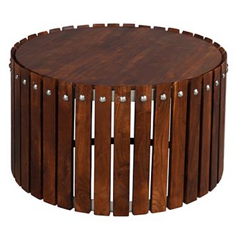Myla 31 Inch Handcrafted Round Coffee Table With Vertical Plank, Iron Rivets, Dark Brown Acacia Wood