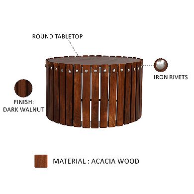 Myla 31 Inch Handcrafted Round Coffee Table With Vertical Plank, Iron Rivets, Dark Brown Acacia Wood