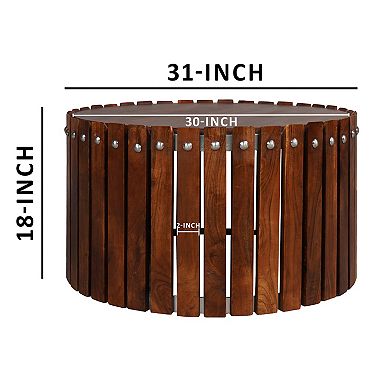 Myla 31 Inch Handcrafted Round Coffee Table With Vertical Plank, Iron Rivets, Dark Brown Acacia Wood