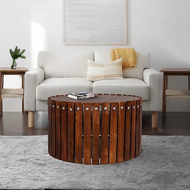 Myla 31 Inch Handcrafted Round Coffee Table With Vertical Plank, Iron Rivets, Dark Brown Acacia Wood