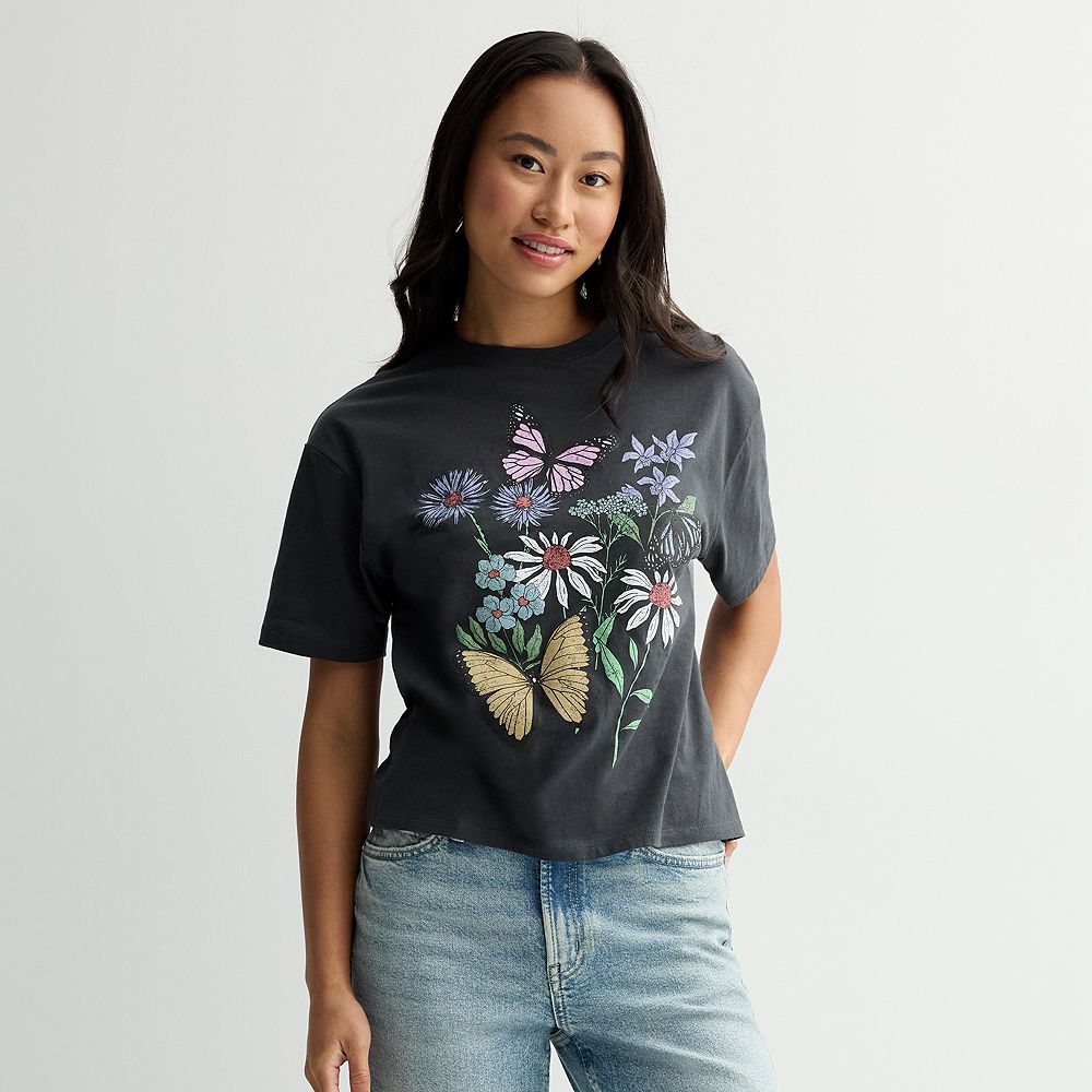 MINT ACID WASHED FLORAL BUTTERFLY GRAPHIC TEE