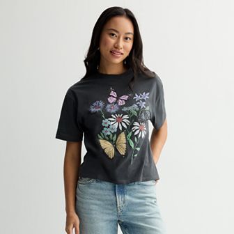 Juniors' Butterfly And Flowers Cropped Graphic Tee
