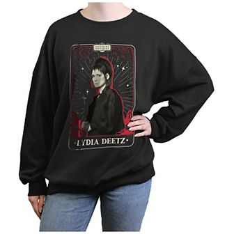 Juniors' Beetlejuice 2 Lydia Deetz Card Oversized Graphic Pullover