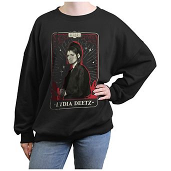 Juniors' Beetlejuice 2 Lydia Deetz Card Oversized Graphic Pullover